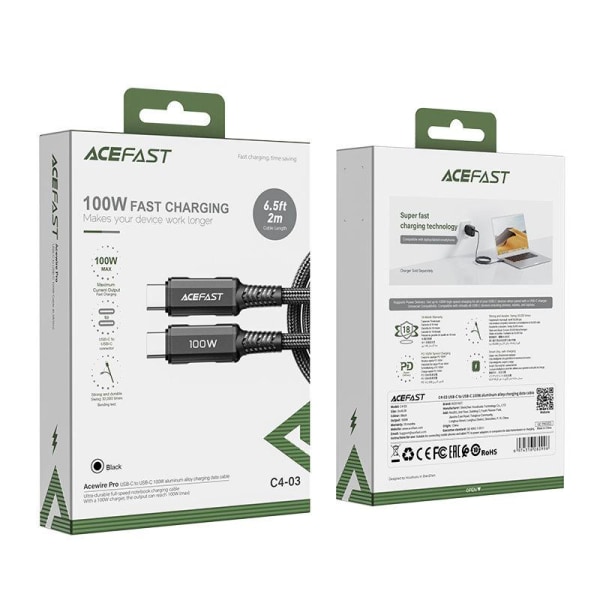 Acefast USB-C–USB-C-kaapeli 100 W 2 m - musta