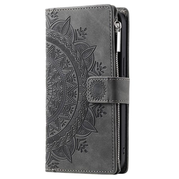 iPhone 15 Pro Max Plånboksfodral Mandala Flower Imprinted - Grå