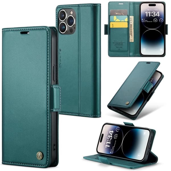CASEME iPhone 14 Pro Plånboksfodral Konstläder RFID-Skydd 3 Kort Grön