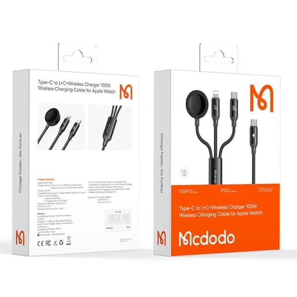 MCDODO 3in1 USB-C/USB-C/Lightning Kabel 1.2M Trådlös Laddare Svart
