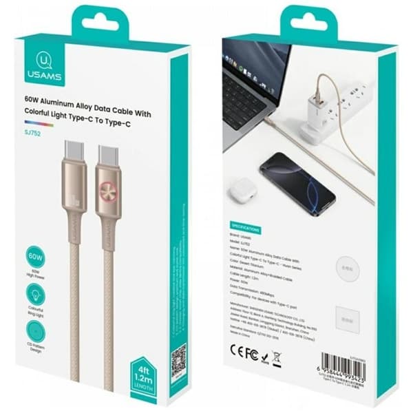 USAMS USB-C til USB-C Kabel 60W 1.2m Huan - Titanium Roséguld