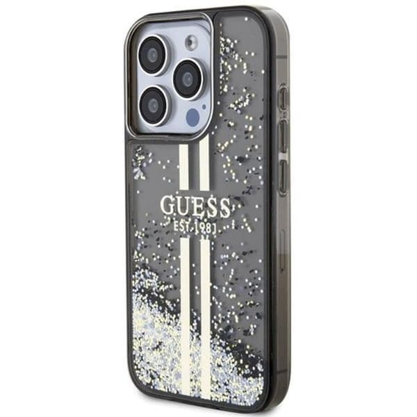 Guess iPhone 15 Pro -puhelinkuori Liquid Glitter Gold Stripes Black