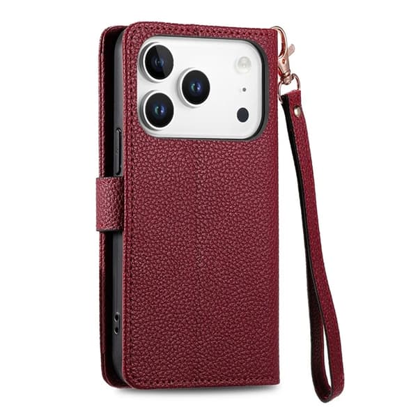 iPhone 17 Pro Max Konstläder Plånboksfodral RFID-Skydd Zipper med rem - Röd