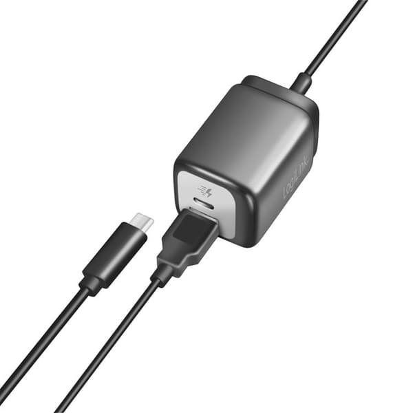 Logilink Vægoplader 1xUSB-A + 1xUSB-C med fast kabel 1.5m GaN 30W Black