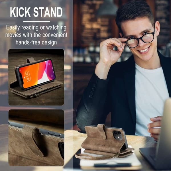 CASEME Konstläder Plånboksfodral för iPhone 12 mini med rem - Brun