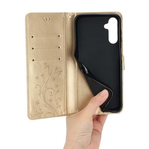 Samsung Galaxy S26 Plus Plånboksfodral Konstläder Blomma Prägling - Guld