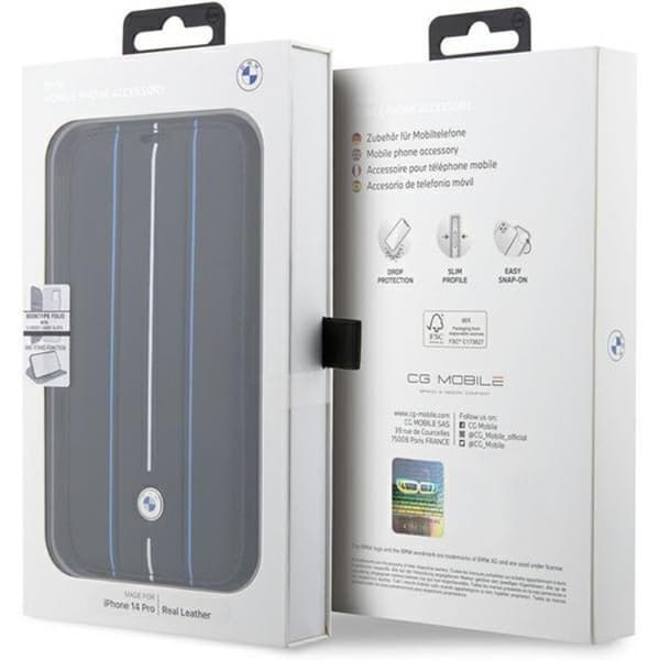 BMW iPhone 14 Pro Lompakkokotelo Nahka Stramp Lines - Sininen Blå