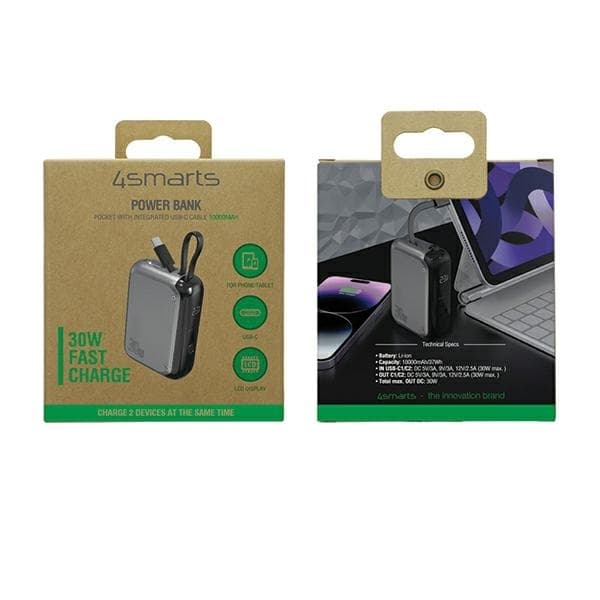 4smarts Powerbank 10000mAh 30W Med USB-C Kabel - Space Grå Grå