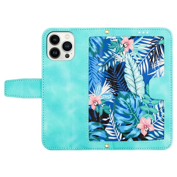 iPhone 15 Pro Plånboksfodral Flower Pattern - Grön