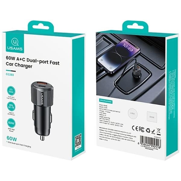 USAMS Billaddare 60W 1xUSB-A 1xUSB-C YT - Svart Svart