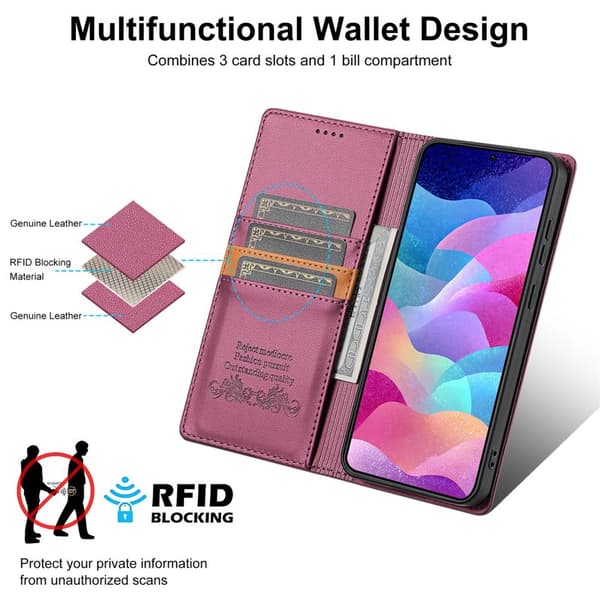 N.BEKUS Plånboksfodral för Samsung Galaxy S26 Plus RFID  Konstläder Vinröd