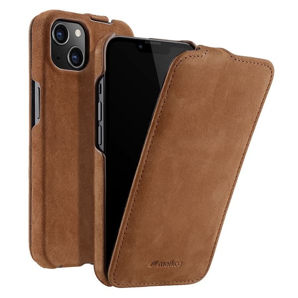 MELKCO Mobilskal till iPhone 13 mini Äkta Läder + PC Vertikal Flip - Brun