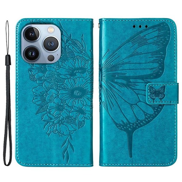 iPhone 14 Pro Max Plånboksfodral Butterfly Flower Imprinted - Blå