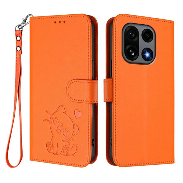 OnePlus 15 Konstläder Plånboksfodral Love Cat Pattern Imprint Orange
