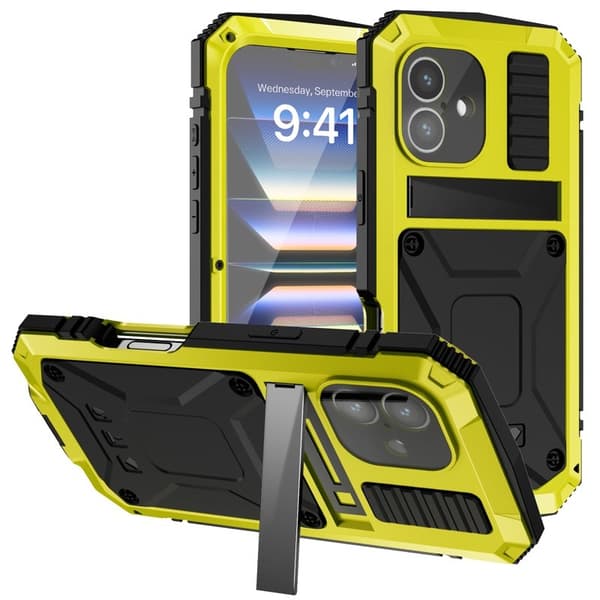 R-JUST Mobilskal till iPhone 16 Plus PC+Silicone+Metal Kickstand Gul