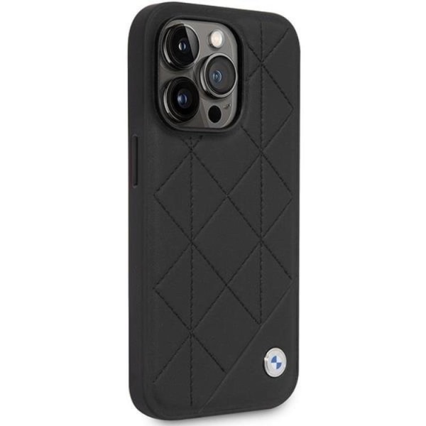 BMW iPhone 14 Pro matkapuhelimen suojakuori, nahkainen tikattu - musta
