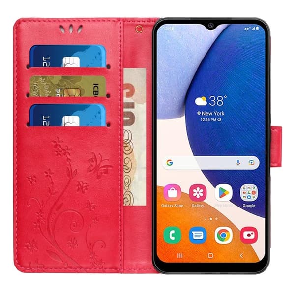 Samsung Galaxy S26 Plus Plånboksfodral Konstläder Fjäril Blommor - Röd