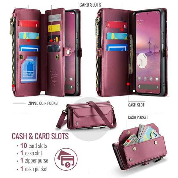 CASEME Plånboksfodral Konstläder för Google Pixel 9 Pro XL - Vinröd