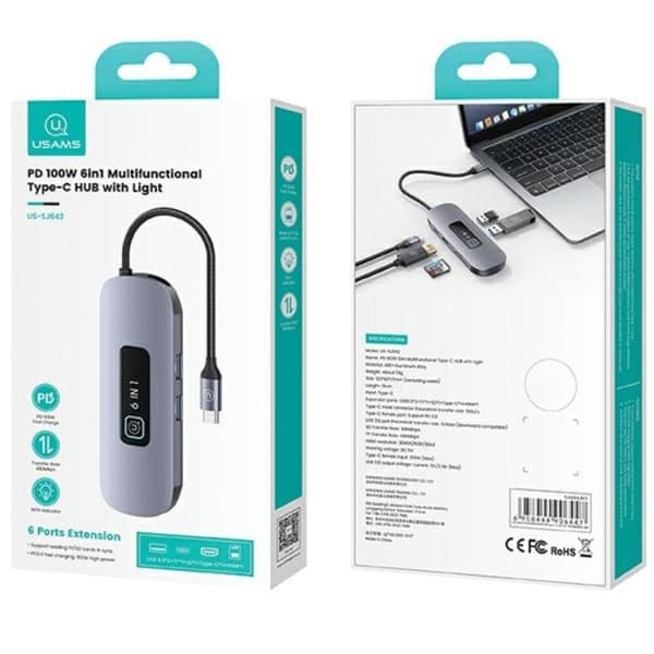 USAMS 6in1 Adapter Hubb 100W 2xUSB-A USB-C HDMI TF SD - Grå Svart
