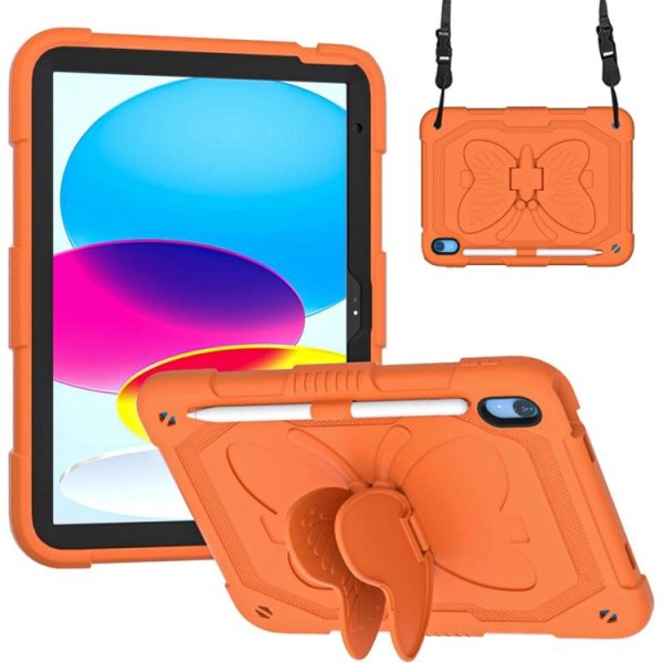 iPad 10.9 (2022) Case Butterfly Hybrid olkahihnalla - oranssi