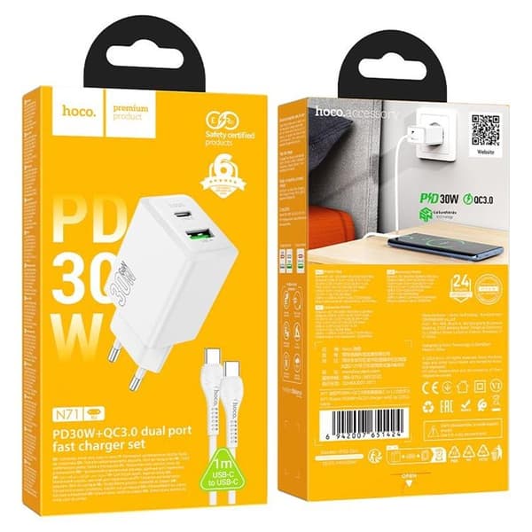 Hoco Snabbladdare PD 30W USB-A USB-C QC3.0 AFC 3A med USB-C Kabel N71 - Vit Vit