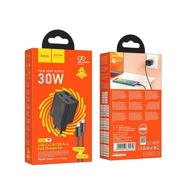 Hoco Snabbladdare PD 30W 2xUSB-A 2xUSB-C QC3.0 3A med USB-C Kabel N56 - Svart
