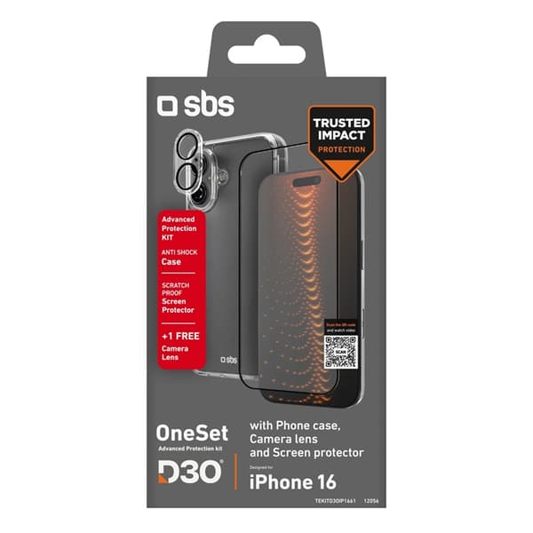 SBS Mobilskal till iPhone 16 Plus Skärmskydd Plus kameraskydd D30 Svart