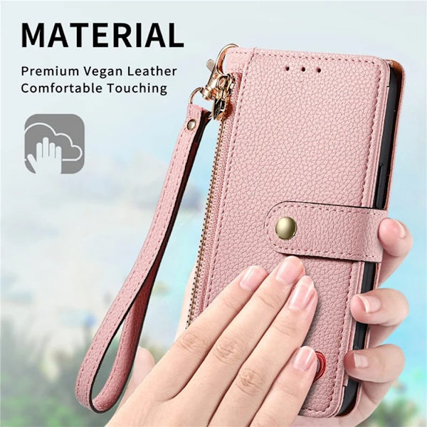 iPhone 17 Pro Max Konstläder Plånboksfodral RFID-Skydd Zipper med rem - Rosa Rosa