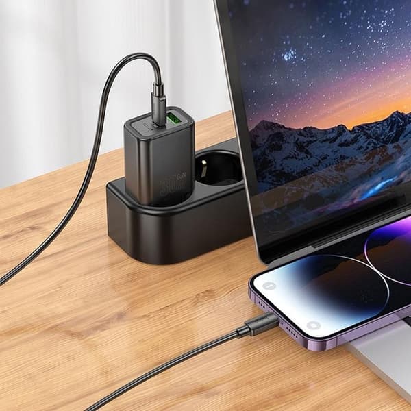 HOCO Snabbladdare USB/USB-C 30W USB-C/Lightning Kabel N63 PD QC Svart