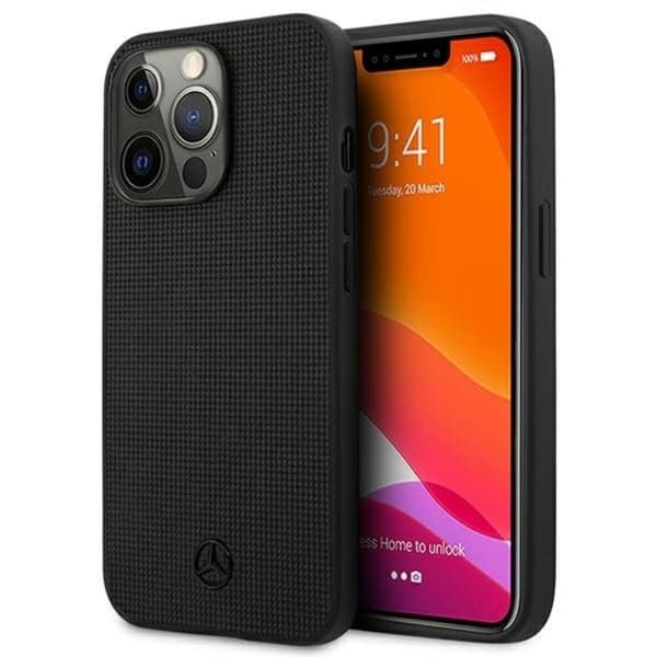 Mercedes iPhone 13 Pro -kotelo, nahkaa, Meshed Metal -logo, musta Black