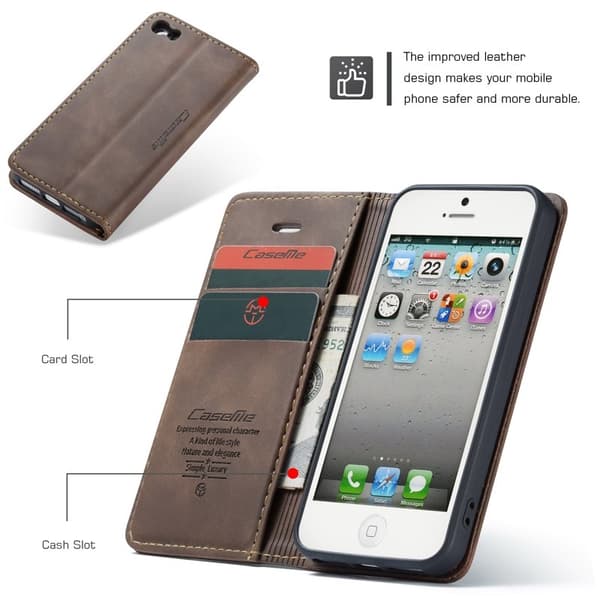 CASEME 013 iPhone 5s/SE Konstläder Plånboksfodral med kortplats - Kaffe