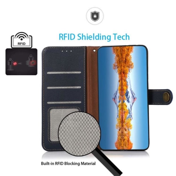 KHAZNEH iPhone 14 Plus -lompakkokotelo RFID aitoa nahkaa - sininen
