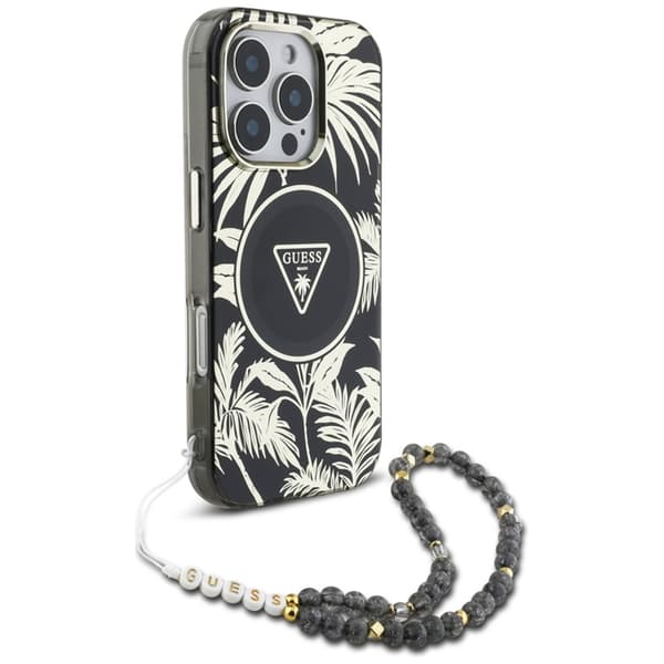 Guess Mobilskal till iPhone 16 Magsafe Palm Trees Med Pearl Strap Svart