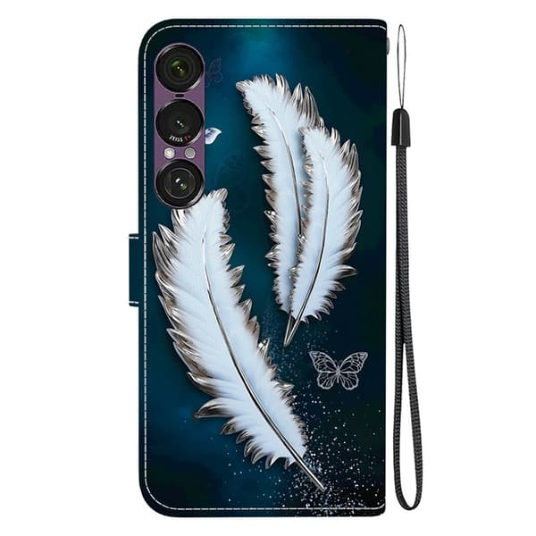 Sony Xperia 1 VII Konstläder Plånboksfodral med Lanyard Printing - Vit Feather Vit