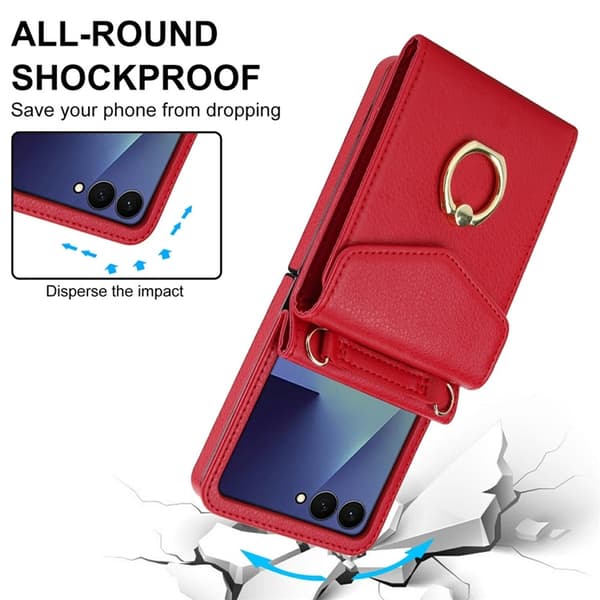 Galaxy Z Flip7 Plånboksfodral Litchi med Axelrem - Röd Röd