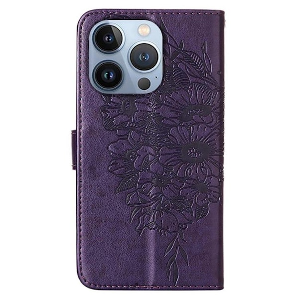iPhone 14 Pro Max Plånboksfodral Butterfly Flower Imprinted - Lila