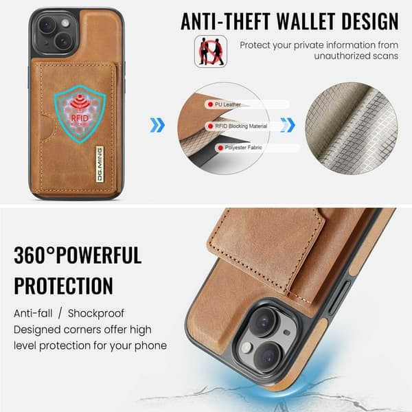 DG.MING M6 Series Mobilskal till iPhone 14 Magnetiskt Plånboksfodral Brun