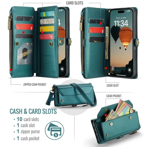 CASEME Plånboksfodral Konstläder för iPhone 16 med kortfack - Grön