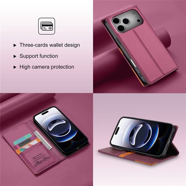 N.BEKUS iPhone 17 Pro Konstläder Plånboksfodral RFID-Skydd P3 - Vinröd Vinröd