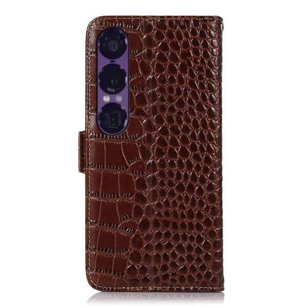 Sony Xperia 1 VII Äkta Läder Plånboksfodral Crocodile Texture - Brun