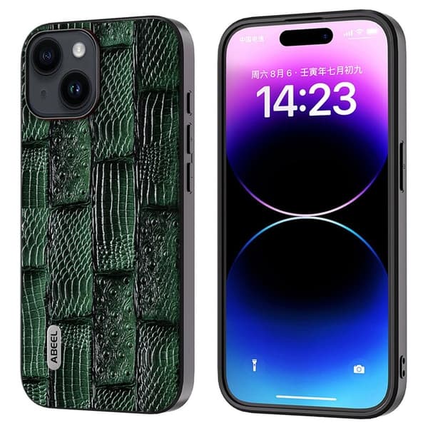 ABEEL Mobilskal till iPhone 15 Shockproof Mahjong Grön äkta läder