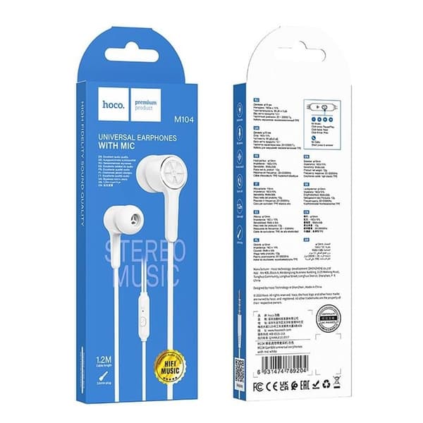 HOCO Trådbundna Hörlurar 1.2m Kabel Med Mikro Jack 3.5mm M104 Vit