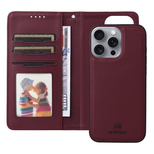 BETOPNICE iPhone 16 Pro Max Plånboksfodral - Detachable Konstläder- Vinröd