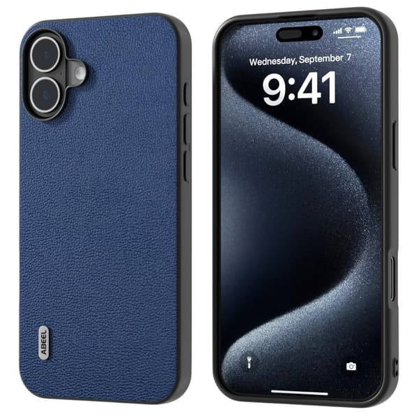 ABEEL Mobilskal till iPhone 16 Plus Äkta Läder PC+TPU TelefonBlå