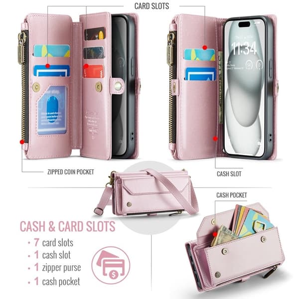 CASEME Plånboksfodral Konstläder till iPhone 15 med kortfack - Rosa