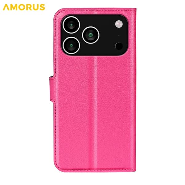 AMORUS iPhone 17 Pro Konstläder Plånboksfodral Flipstativ Litchi - Rosa Rosa