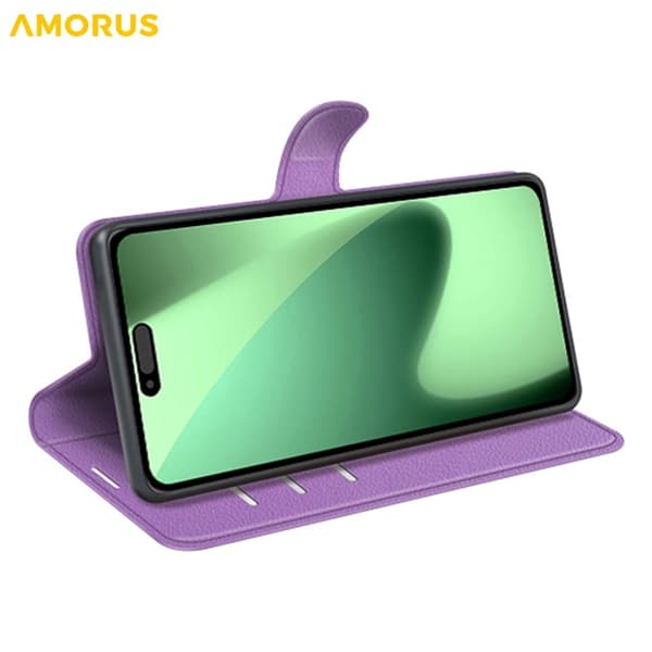 AMORUS iPhone 17 Pro Konstläder Plånboksfodral Flipstativ Litchi - Lila Lila