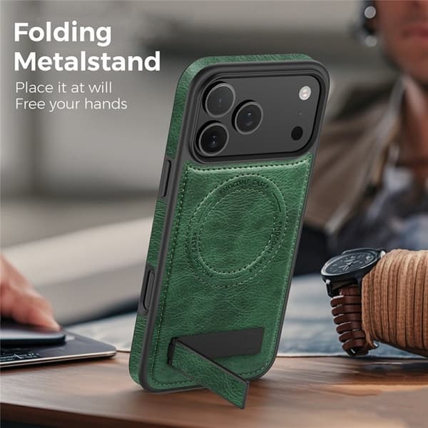 Mobilskal till iPhone 17 Pro MagSafe Kickstand Läder - Grön Grön
