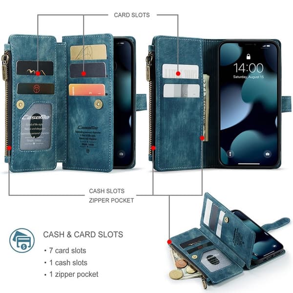 CASEME Konstläder Plånboksfodral för iPhone 13 Pro med Rem och Fickor - Blå