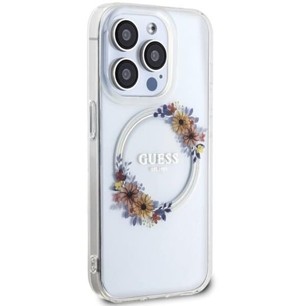 Guess iPhone 15 Pro Max Mobilskal Magsafe IML Blomsterkrans Transparent
